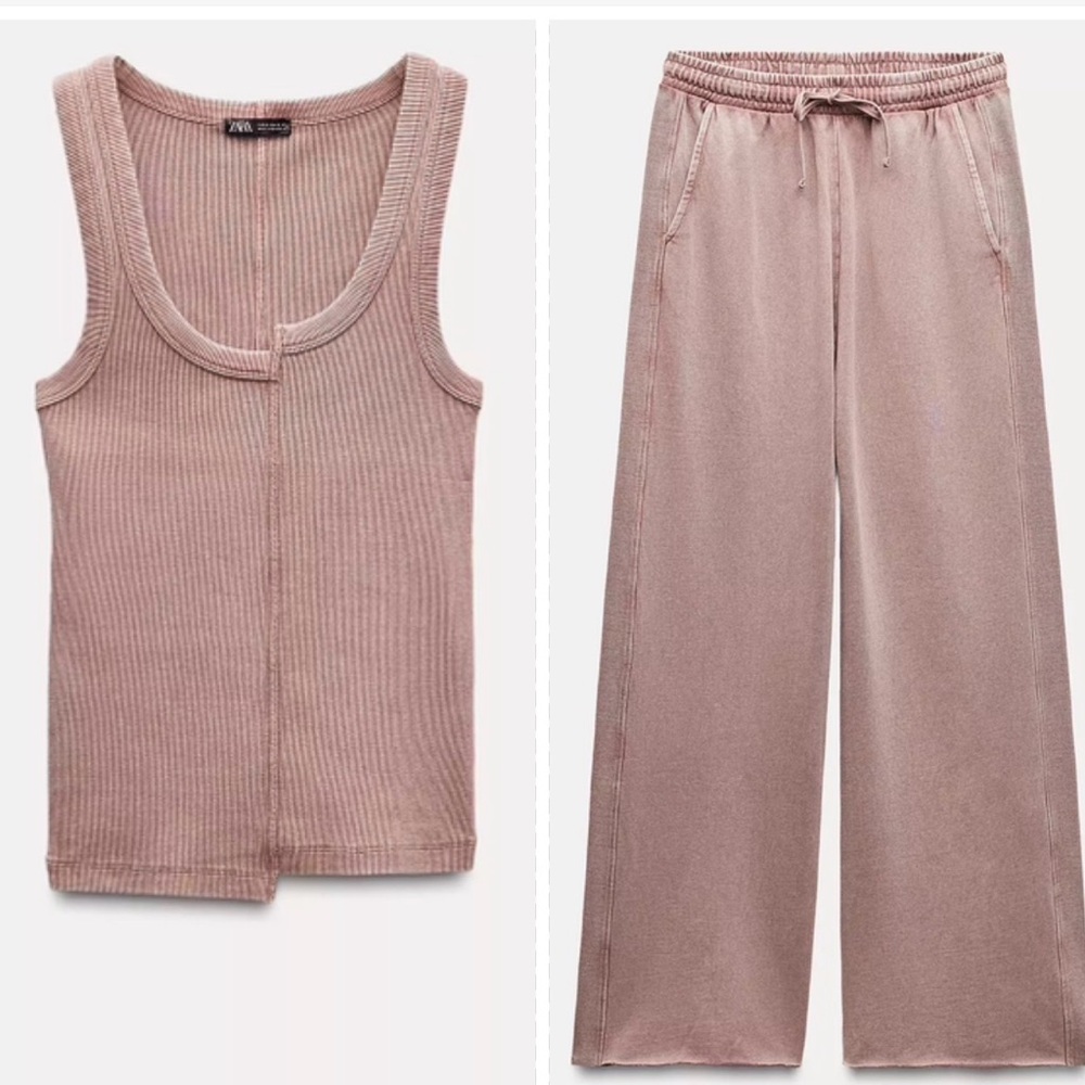 Zara Washed Effect Ribbed Wide Leg Pants and Tank SET